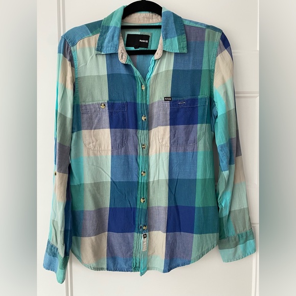 Hurley green and blue boyfriend checkered flannel shirt - Picture 3 of 5